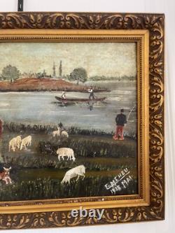 Ancien Tableau Peinture Huile Toile Berger Lac Mouton Chien Pêche 1938