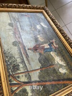 Ancien Tableau Peinture Huile Toile Berger Lac Mouton Chien Pêche 1938