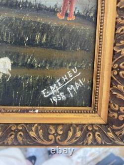 Ancien Tableau Peinture Huile Toile Berger Lac Mouton Chien Pêche 1938