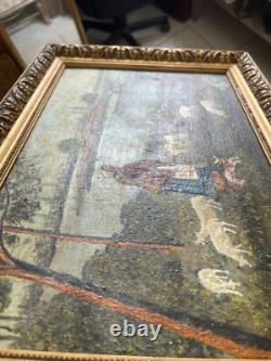 Ancien Tableau Peinture Huile Toile Berger Lac Mouton Chien Pêche 1938