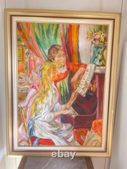 Ancien Tableau Peinture Huile Toile Cadre Doré Jeune Fille Piano RENOIR 92x65cm