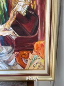 Ancien Tableau Peinture Huile Toile Cadre Doré Jeune Fille Piano RENOIR 92x65cm