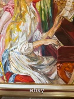 Ancien Tableau Peinture Huile Toile Cadre Doré Jeune Fille Piano RENOIR 92x65cm