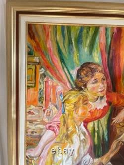 Ancien Tableau Peinture Huile Toile Cadre Doré Jeune Fille Piano RENOIR 92x65cm