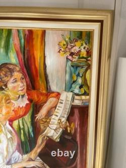 Ancien Tableau Peinture Huile Toile Cadre Doré Jeune Fille Piano RENOIR 92x65cm