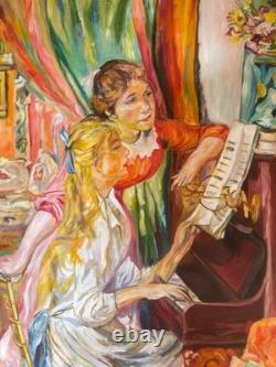 Ancien Tableau Peinture Huile Toile Cadre Doré Jeune Fille Piano RENOIR 92x65cm