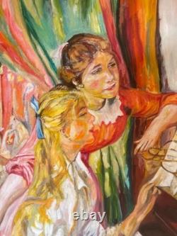 Ancien Tableau Peinture Huile Toile Cadre Doré Jeune Fille Piano RENOIR 92x65cm