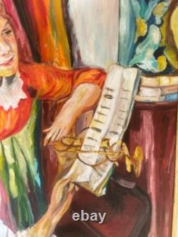 Ancien Tableau Peinture Huile Toile Cadre Doré Jeune Fille Piano RENOIR 92x65cm
