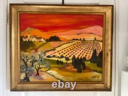 Ancien Tableau Peinture Huile Toile Cadre Doré Provence Vigne Paysage H. DAYAN