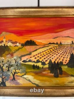 Ancien Tableau Peinture Huile Toile Cadre Doré Provence Vigne Paysage H. DAYAN