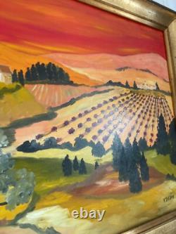 Ancien Tableau Peinture Huile Toile Cadre Doré Provence Vigne Paysage H. DAYAN