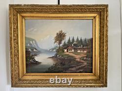 Ancien Tableau Peinture Huile Toile Ecole Suisse Montagne Lac Berger Signé 19ème