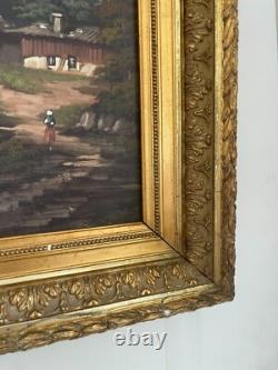 Ancien Tableau Peinture Huile Toile Ecole Suisse Montagne Lac Berger Signé 19ème