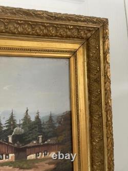Ancien Tableau Peinture Huile Toile Ecole Suisse Montagne Lac Berger Signé 19ème