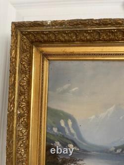 Ancien Tableau Peinture Huile Toile Ecole Suisse Montagne Lac Berger Signé 19ème