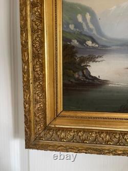 Ancien Tableau Peinture Huile Toile Ecole Suisse Montagne Lac Berger Signé 19ème