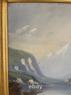 Ancien Tableau Peinture Huile Toile Ecole Suisse Montagne Lac Berger Signé 19ème