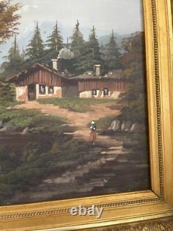 Ancien Tableau Peinture Huile Toile Ecole Suisse Montagne Lac Berger Signé 19ème