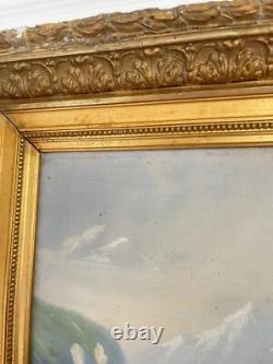 Ancien Tableau Peinture Huile Toile Ecole Suisse Montagne Lac Berger Signé 19ème