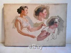 Ancien Tableau Peinture Huile Toile Etude Academique De Peintre Femme XIX Siécle
