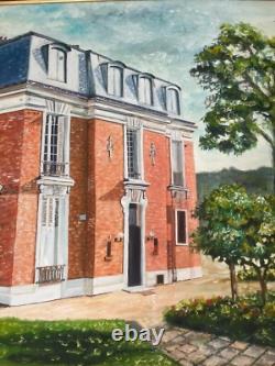 Ancien Tableau Peinture Huile Toile Manoir Château Maison Vacances 87x62cm