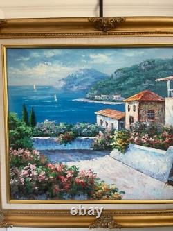 Ancien Tableau Peinture Huile Toile Provençale Provence Italie Cadre Doré Signé