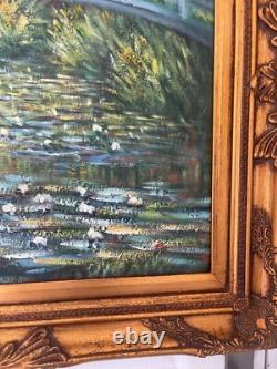 Ancien Tableau Peinture Huile Toile Repro Bassin Nymphéas Japon MONET 80x70 Sign