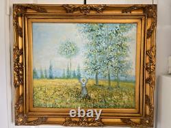 Ancien Tableau Peinture Huile Toile Repro Champs au printemps MONET 80x70 Signé
