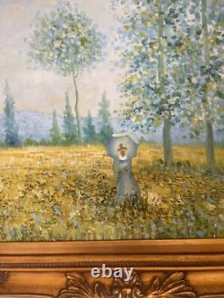 Ancien Tableau Peinture Huile Toile Repro Champs au printemps MONET 80x70 Signé