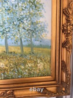 Ancien Tableau Peinture Huile Toile Repro Champs au printemps MONET 80x70 Signé