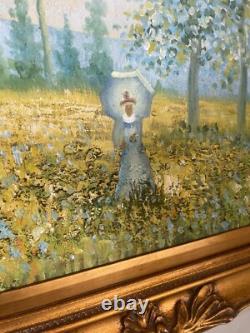 Ancien Tableau Peinture Huile Toile Repro Champs au printemps MONET 80x70 Signé