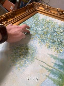 Ancien Tableau Peinture Huile Toile Repro Champs au printemps MONET 80x70 Signé