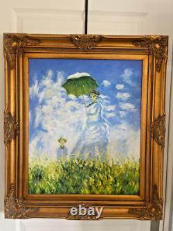 Ancien Tableau Peinture Huile Toile Repro Femme Ombrelle MONET 80x70 Signé