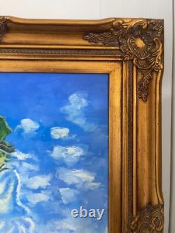 Ancien Tableau Peinture Huile Toile Repro Femme Ombrelle MONET 80x70 Signé