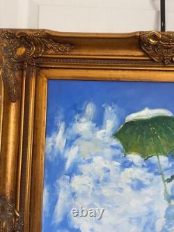 Ancien Tableau Peinture Huile Toile Repro Femme Ombrelle MONET 80x70 Signé