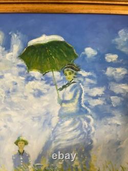 Ancien Tableau Peinture Huile Toile Repro Femme Ombrelle MONET 80x70 Signé
