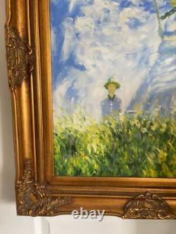 Ancien Tableau Peinture Huile Toile Repro Femme Ombrelle MONET 80x70 Signé