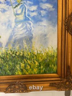Ancien Tableau Peinture Huile Toile Repro Femme Ombrelle MONET 80x70 Signé