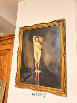 Ancien Tableau Peinture Huile Toile Source d'Après Ingres Nymphe Cruche