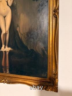 Ancien Tableau Peinture Huile Toile Source d'Après Ingres Nymphe Cruche