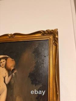 Ancien Tableau Peinture Huile Toile Source d'Après Ingres Nymphe Cruche