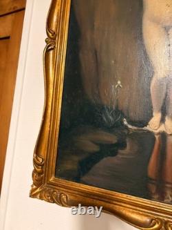 Ancien Tableau Peinture Huile Toile Source d'Après Ingres Nymphe Cruche