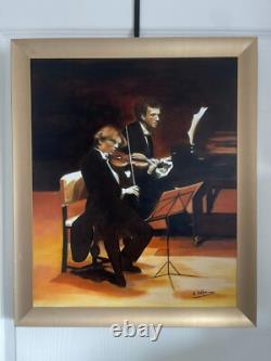 Ancien Tableau Peinture Huile Toile Violoniste Quatuor Musicien Cadre Doré Signé