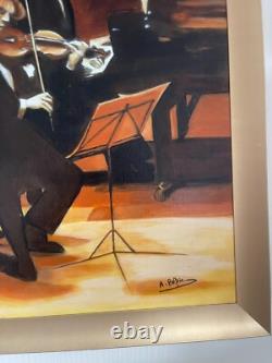 Ancien Tableau Peinture Huile Toile Violoniste Quatuor Musicien Cadre Doré Signé