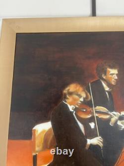 Ancien Tableau Peinture Huile Toile Violoniste Quatuor Musicien Cadre Doré Signé