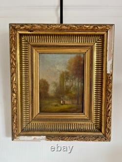 Ancien Tableau Peinture Huile Toile XIXème 19ème Champ Paysan Berger Automne