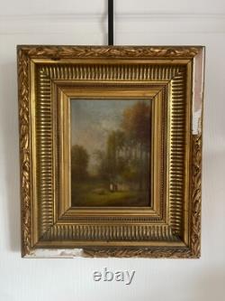Ancien Tableau Peinture Huile Toile XIXème 19ème Champ Paysan Berger Automne