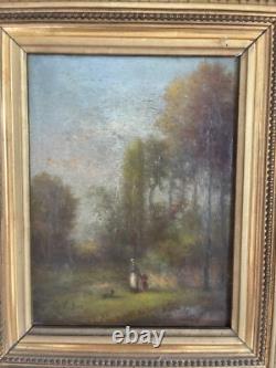 Ancien Tableau Peinture Huile Toile XIXème 19ème Champ Paysan Berger Automne