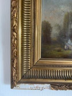Ancien Tableau Peinture Huile Toile XIXème 19ème Champ Paysan Berger Automne