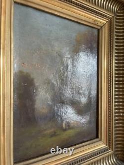 Ancien Tableau Peinture Huile Toile XIXème 19ème Champ Paysan Berger Automne